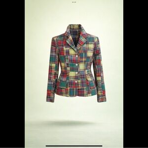Sam TY Size 8 Vibrant Madras Plaid Patchwork Blazer Crystal Buttons Pocket Flaps